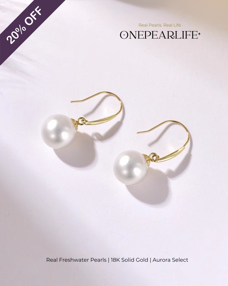 Nora – AAA Quality Natural Freshwater White Pearl Hook Earrings | 7–7.5mm | 18K Gold