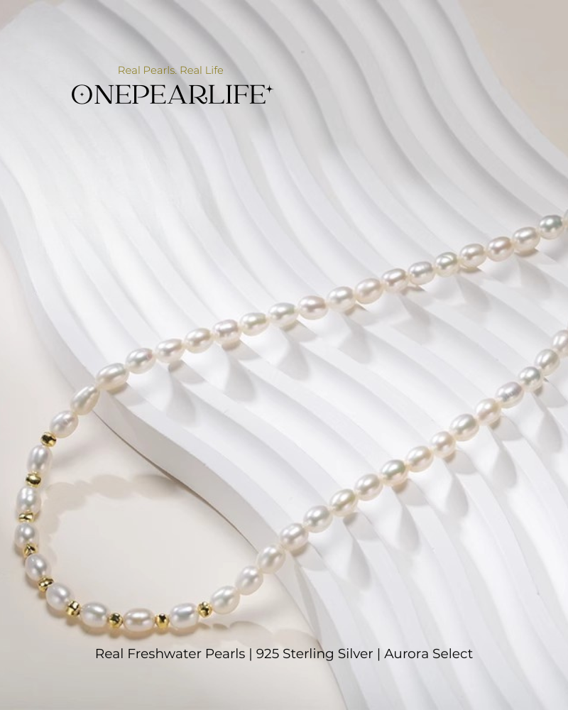 Pavelle – Rice-Shaped Freshwater Pearl Jewelry Set | Necklace & Bracelet (4–5mm, 18K Gold Vermeil)