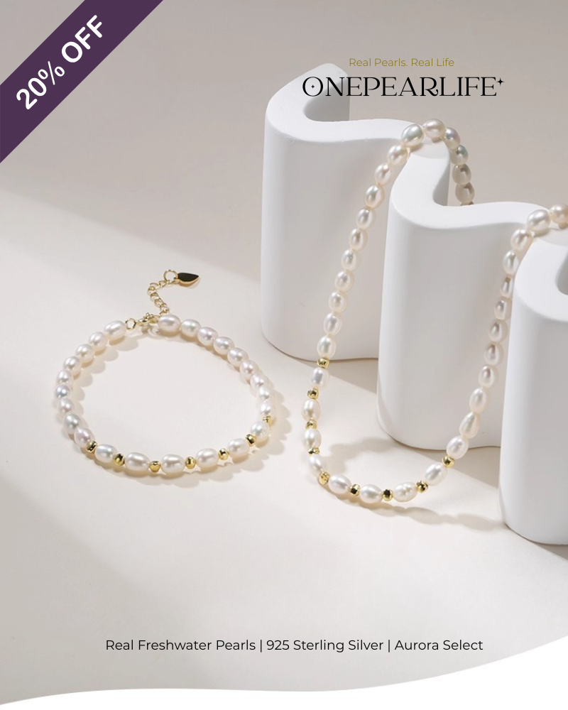 Pavelle – Rice-Shaped Freshwater Pearl Jewelry Set | Necklace & Bracelet (4–5mm, 18K Gold Vermeil)