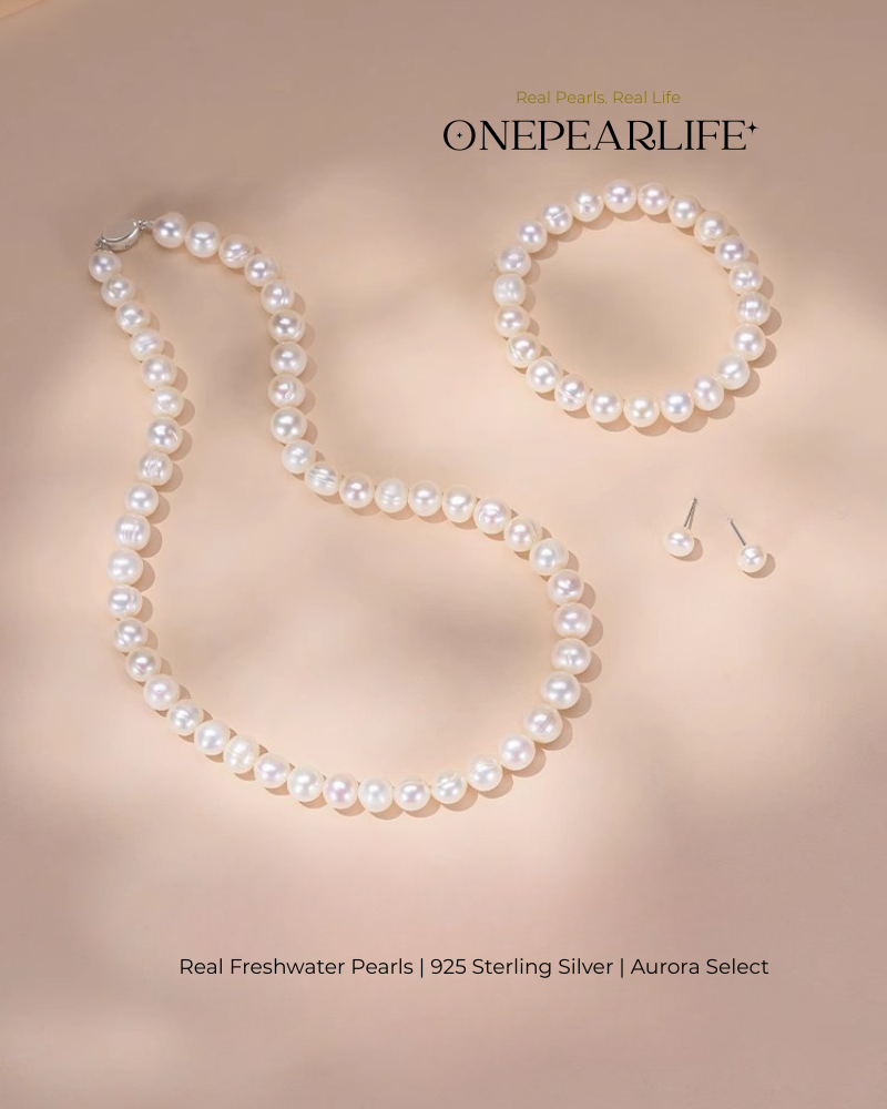 Pavise – AAA Quality Freshwater Pearl 3-Piece Jewelry Set | Necklace, Bracelet & Stud Earrings (6–7.5mm)
