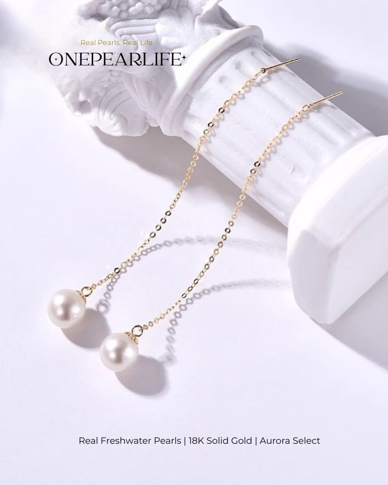 Seren – AAA Quality Natural Freshwater White Pearl Threader Earrings | 7–7.5mm | 18K Gold