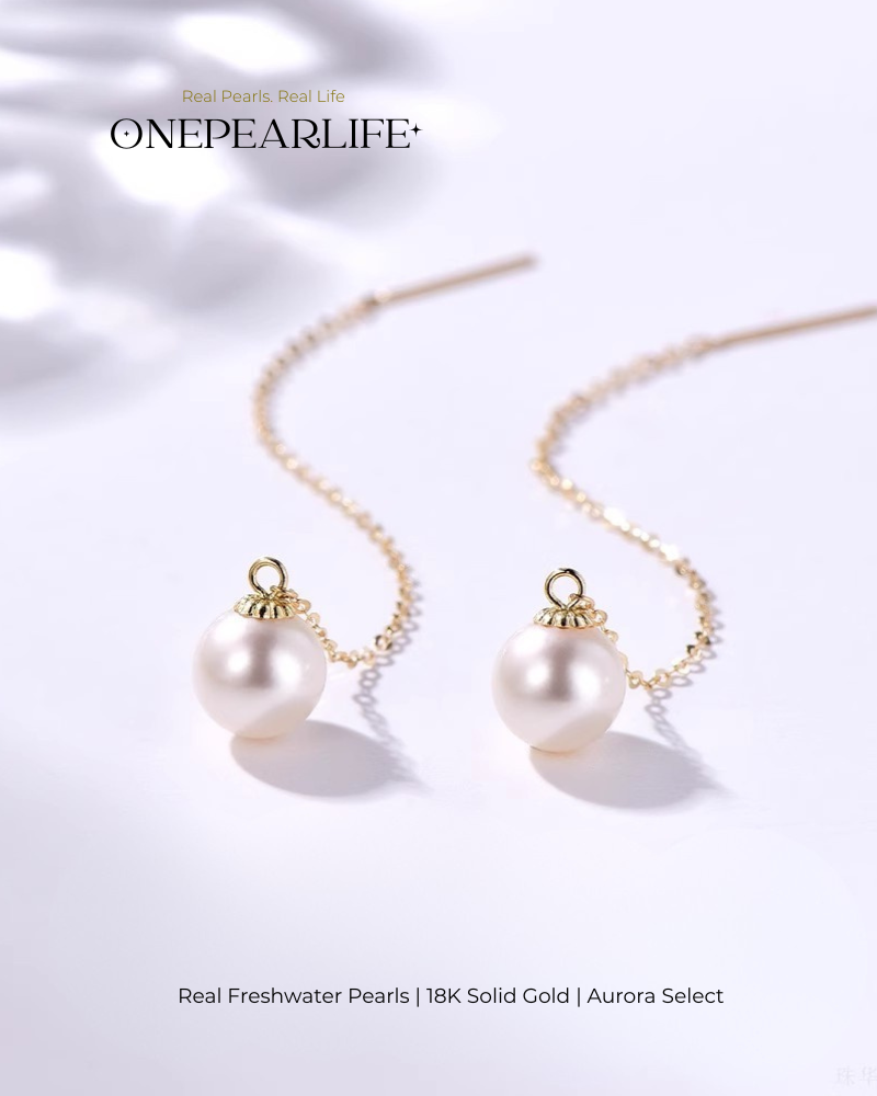 Seren – AAA Quality Natural Freshwater White Pearl Threader Earrings | 7–7.5mm | 18K Gold