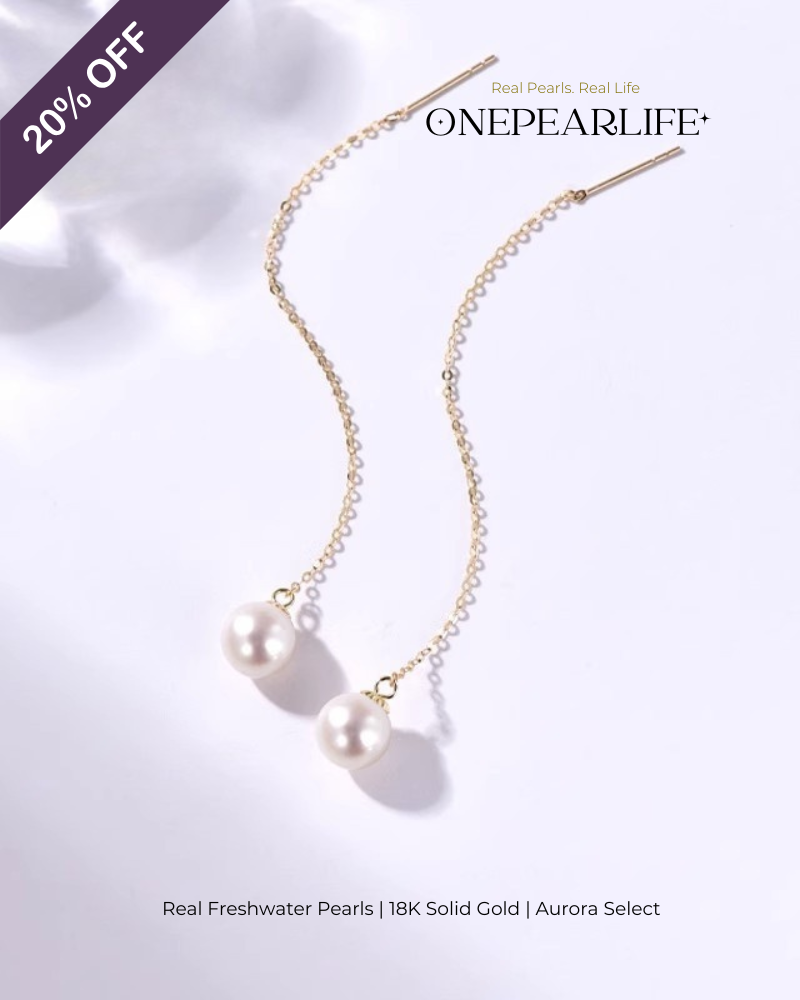 Seren – AAA Quality Natural Freshwater White Pearl Threader Earrings | 7–7.5mm | 18K Gold