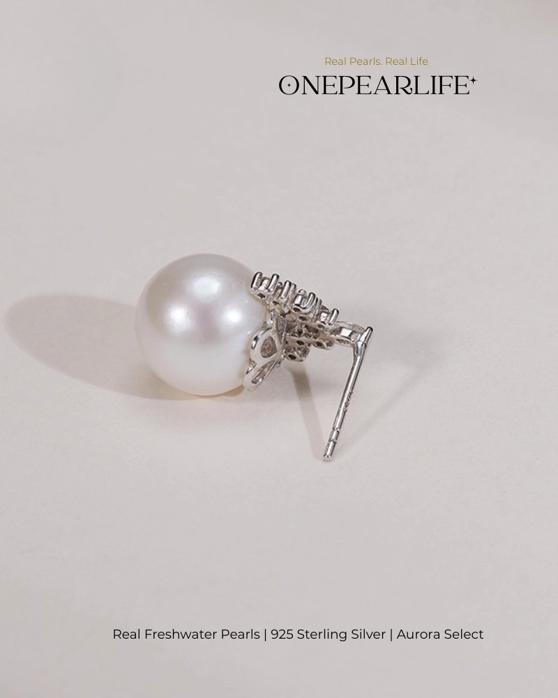 Shira – AAA Quality Natural Freshwater White Shimmer Pearl Earrings | 9–9.5mm | 925 Sterling Silver