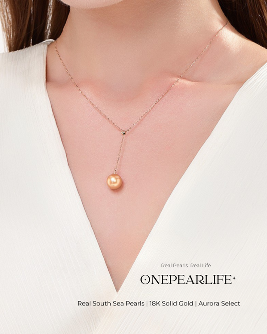 Solstice – Natural South Sea Golden Round Pearl Pendant Necklace | 18K Gold | 9–9.5mm Onepearlife