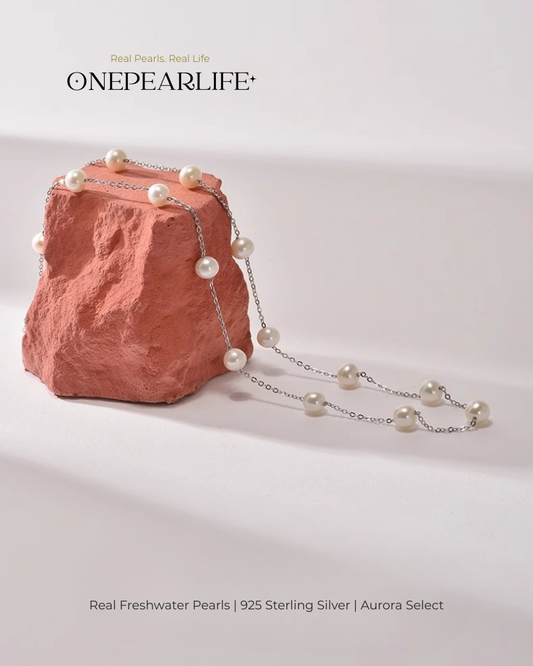 Stellara – AAA Quality White Aurora “Starry” Natural Freshwater Pearl Necklace | 6–6.5mm | 925 Sterling Silver Onepearlife