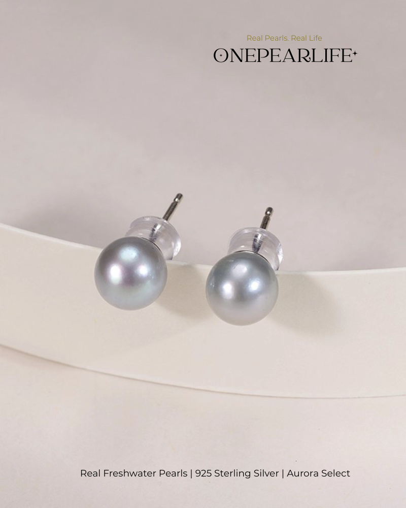 Zia – AAA Quality Natural Gray Saltwater Pearl Stud Earrings | 7–7.5mm | 925 Sterling Silver