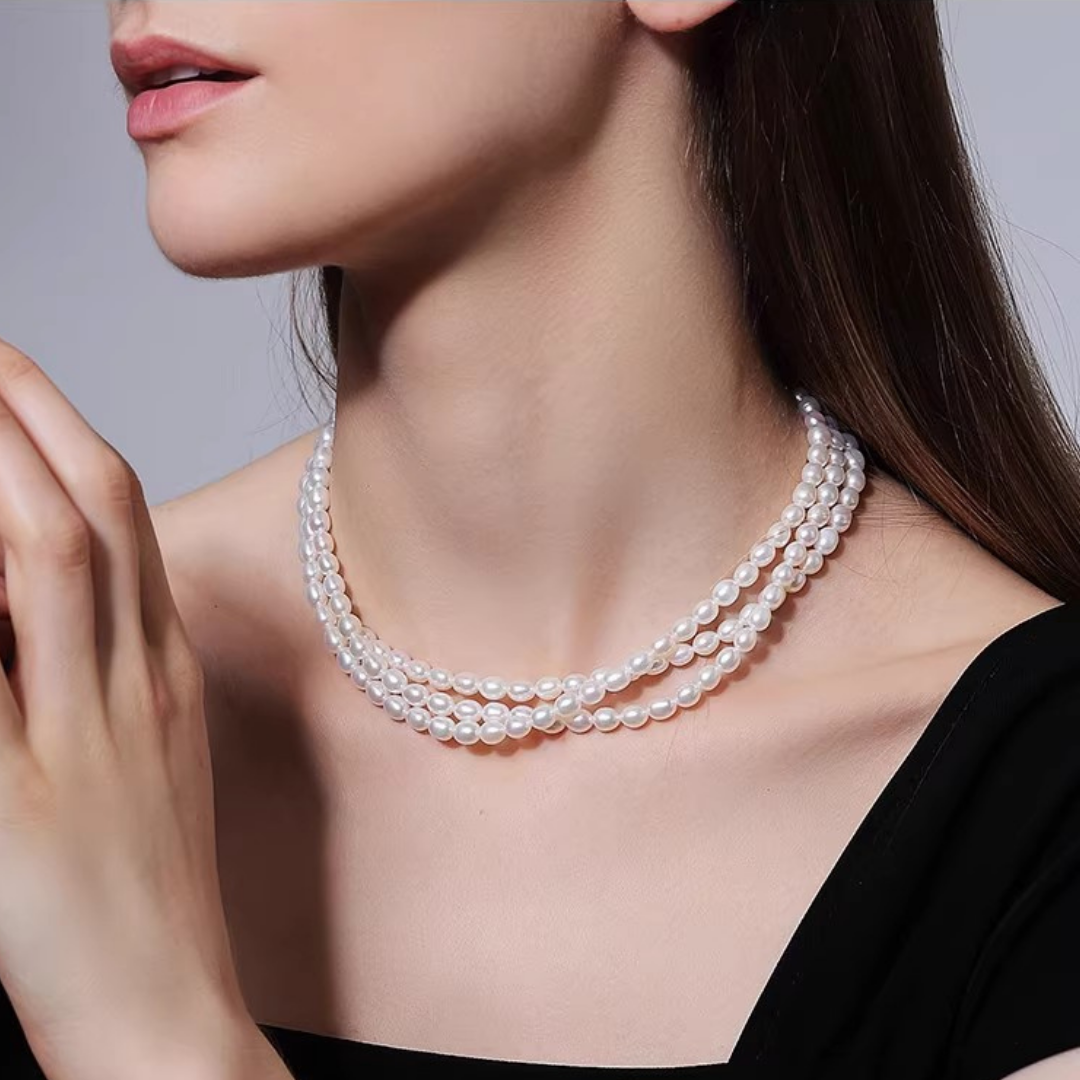 Triple-layer Aurora Rice Pearl Necklace AAA Quality