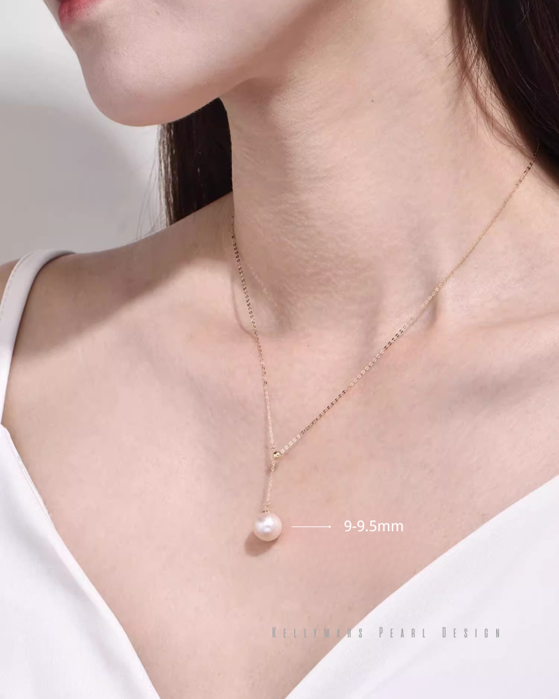 7mm-9.5mm 18K Solid Gold Janpanese Akoya Seawater Y Shaped Adjustable Pearl Pendant Necklace - AAA Quality