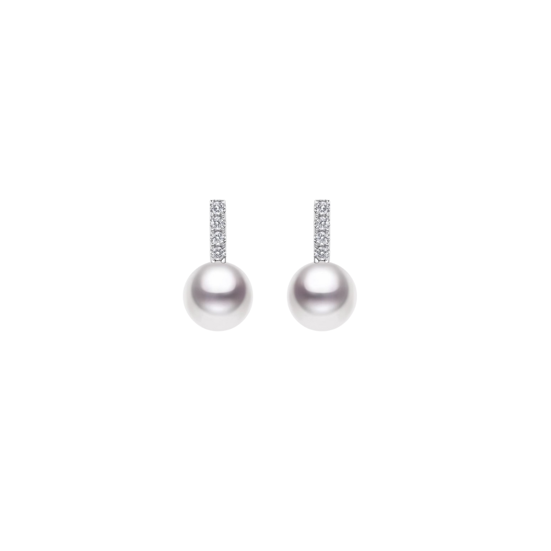 7mm-7.5mm 18K White Gold Akoya Pearl & Diamond Charlie Earrings - AAA Quality