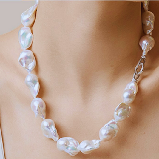 14mm-16mm Natural White Baroque Pearl Necklace - AAA Quality