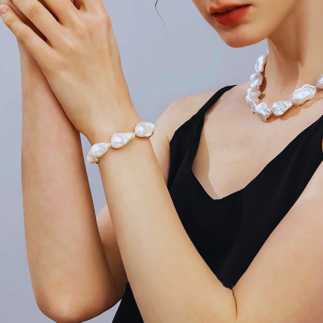 14-16mm White Baroque Freshwater Pearl Bracelet - AAA Quality