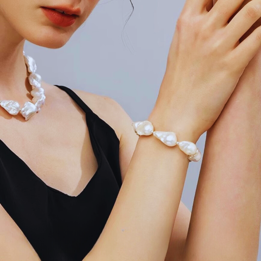 14-16mm White Baroque Freshwater Pearl Bracelet - AAA Quality