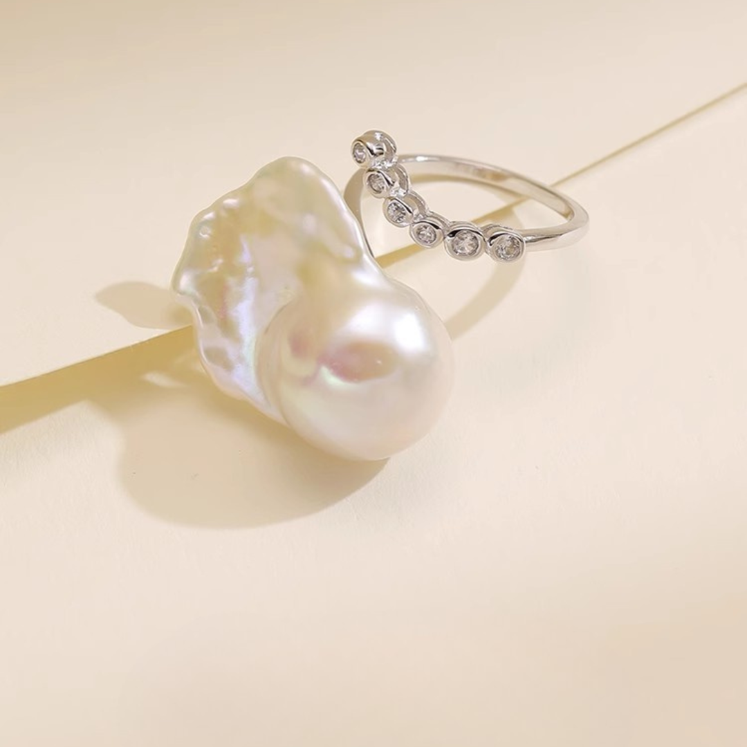 14mm-16mm Natural Baroque Pearl Adjustable Open Ring - AAA Quality