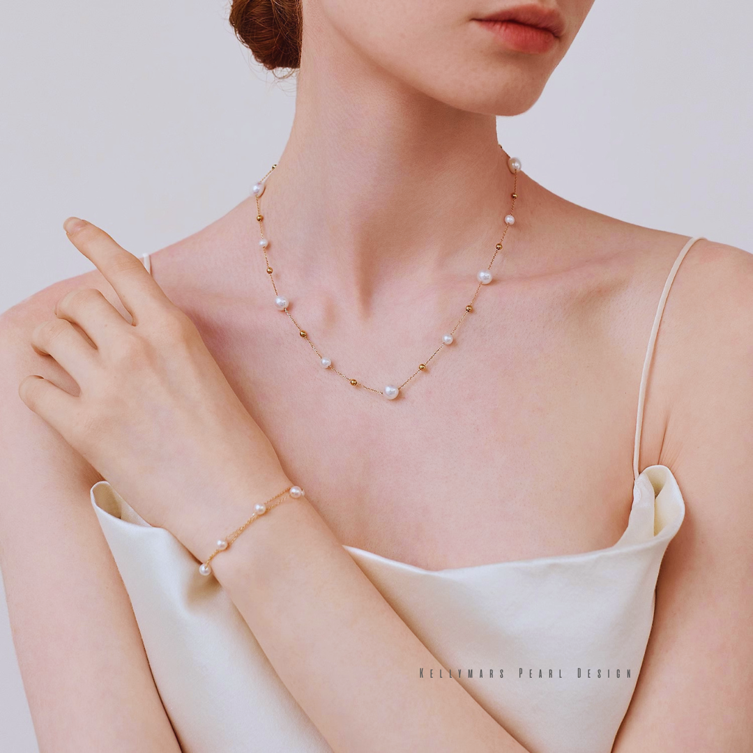 Alina – 5–7.5mm 18K Solid Gold Japanese Akoya Pearl Double Tincup Bracelet