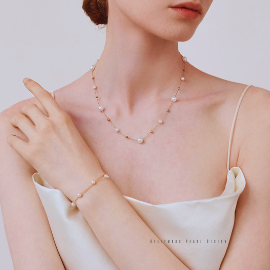Alina – 5–7.5mm 18K Solid Gold Japanese Akoya Pearl Double Tincup Bracelet
