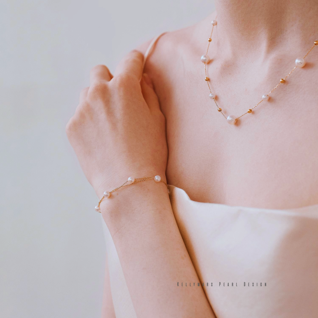 Alina – 5–7.5mm 18K Solid Gold Japanese Akoya Pearl Double Tincup Bracelet