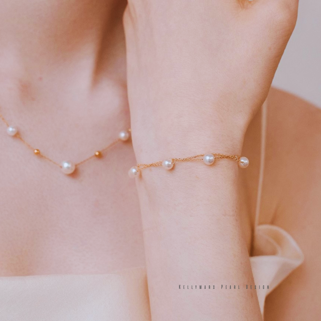 Alina – 5–7.5mm 18K Solid Gold Japanese Akoya Pearl Double Tincup Bracelet
