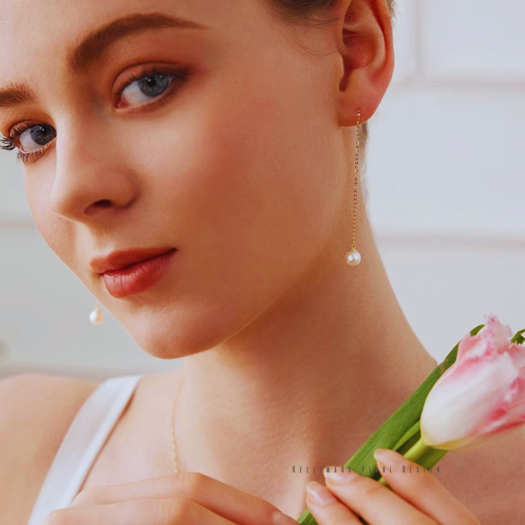 Japanese Akoya pearl long dangling earrings in 18K solid gold – dainty pearl jewelry with minimalist elegance for formal occasions