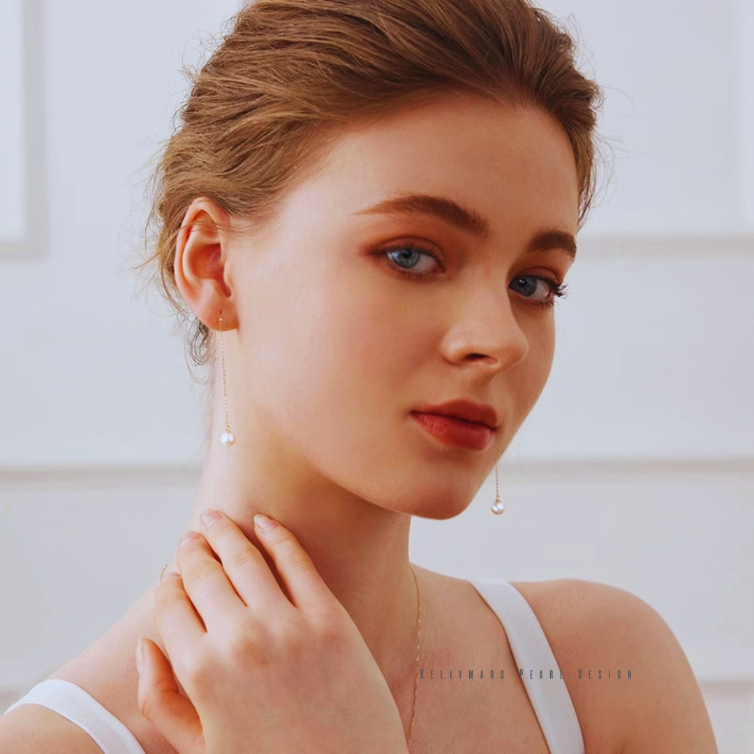 Japanese Akoya pearl long dangling earrings in 18K solid gold – dainty pearl jewelry with minimalist elegance for formal occasions