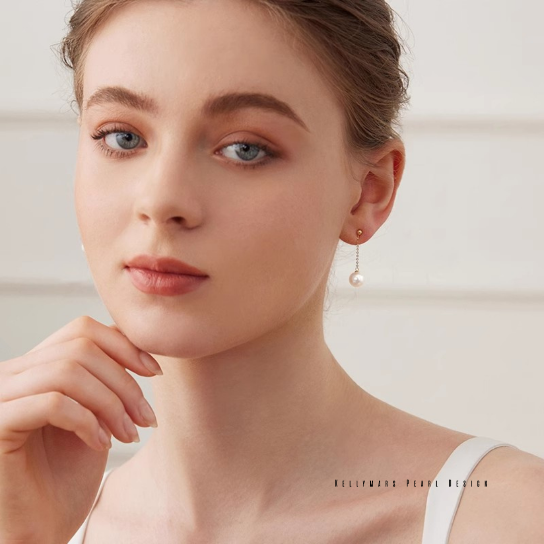 Japanese Akoya pearl dangling earrings in 18K solid gold, real pearl earrings for weddings or dainty everyday luxury.