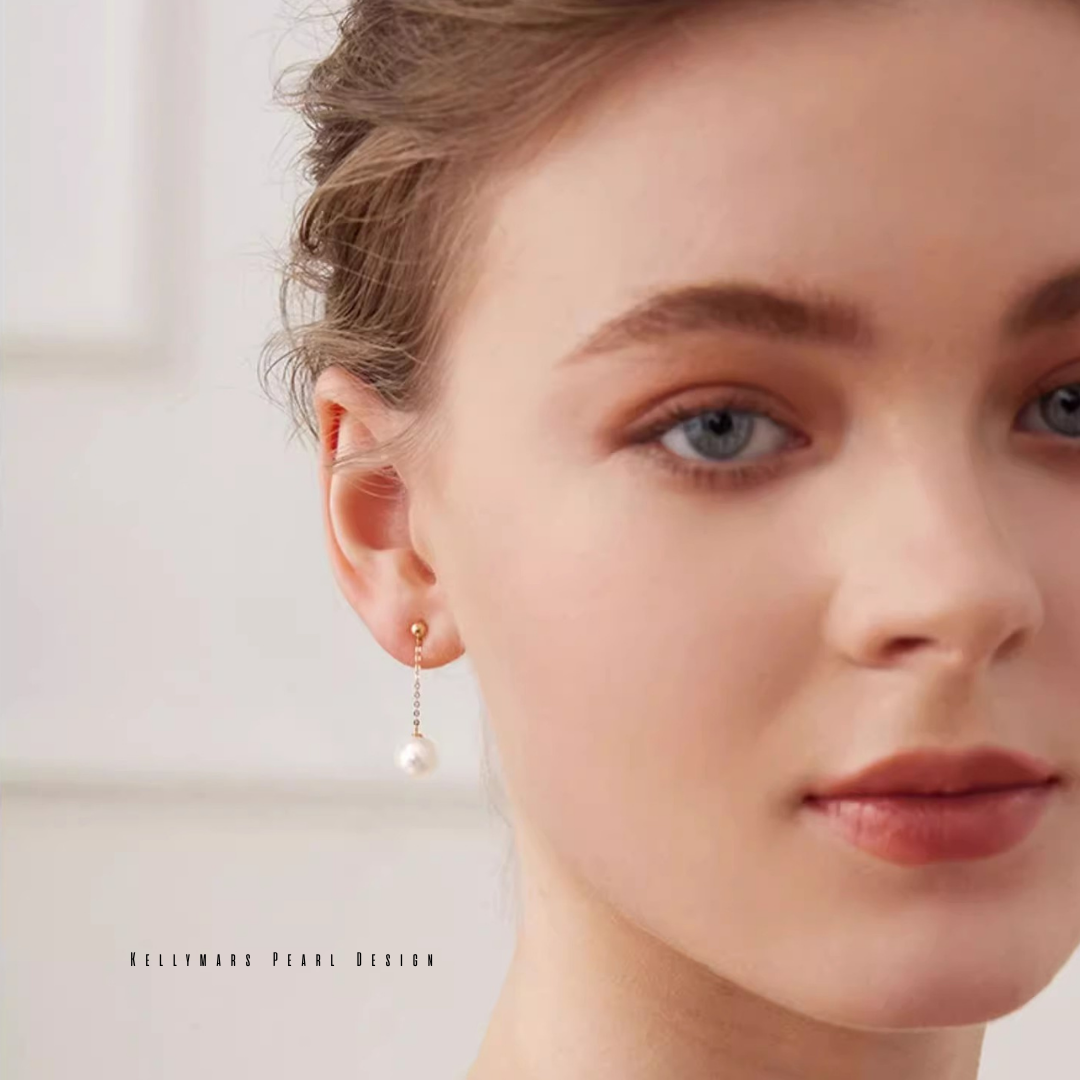 Japanese Akoya pearl dangling earrings in 18K solid gold, real pearl earrings for weddings or dainty everyday luxury.