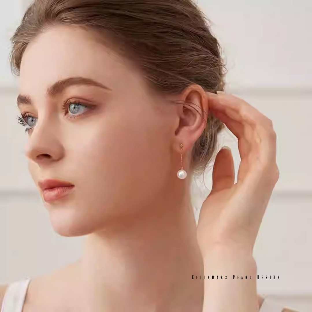 Japanese Akoya pearl dangling earrings in 18K solid gold, real pearl earrings for weddings or dainty everyday luxury.