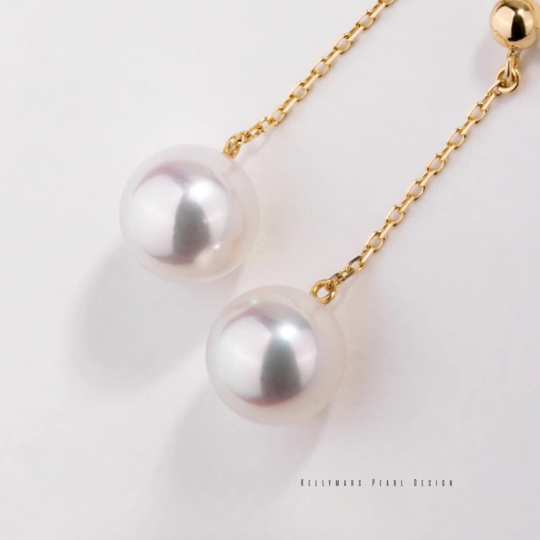Japanese Akoya pearl dangling earrings in 18K solid gold, real pearl earrings for weddings or dainty everyday luxury.