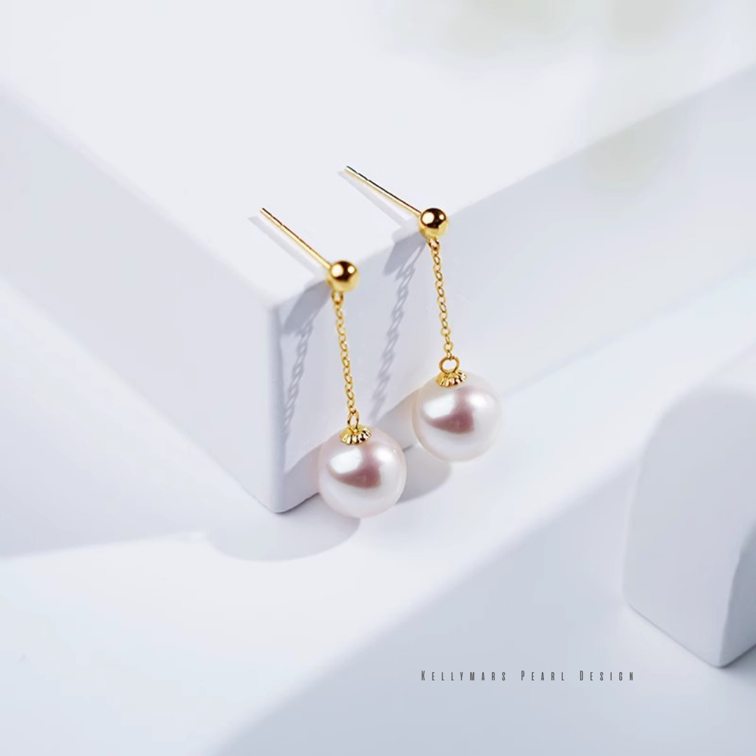 Japanese Akoya pearl dangling earrings in 18K solid gold, real pearl earrings for weddings or dainty everyday luxury.