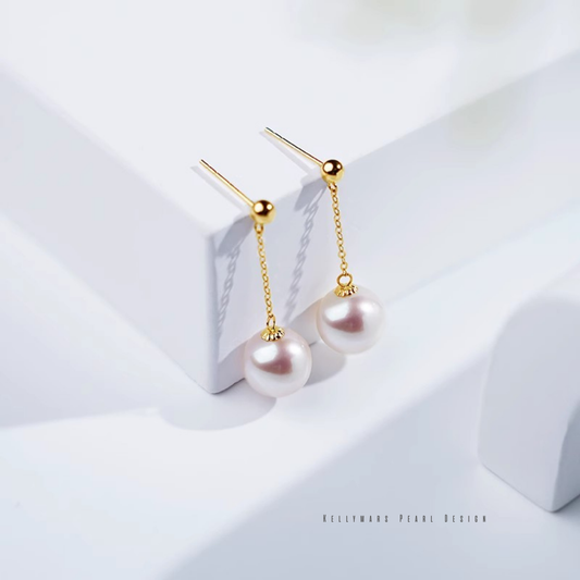 Lyra – 5–8.5mm Japanese Akoya Pearl Dangling Earrings in 18K Solid Gold