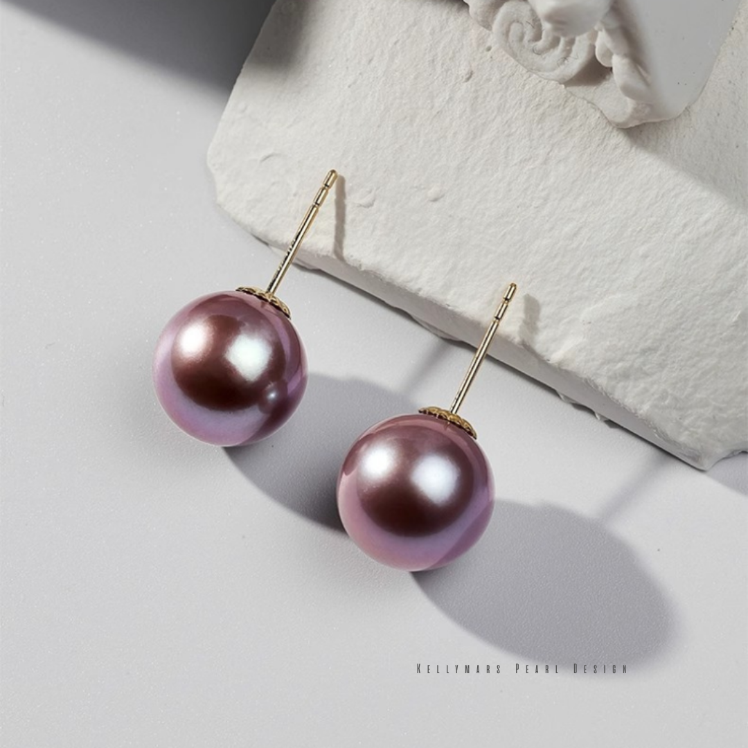 Real purple Edison pearl stud earrings in 18K solid gold, unique pearl jewelry gifts for her with modern elegance.