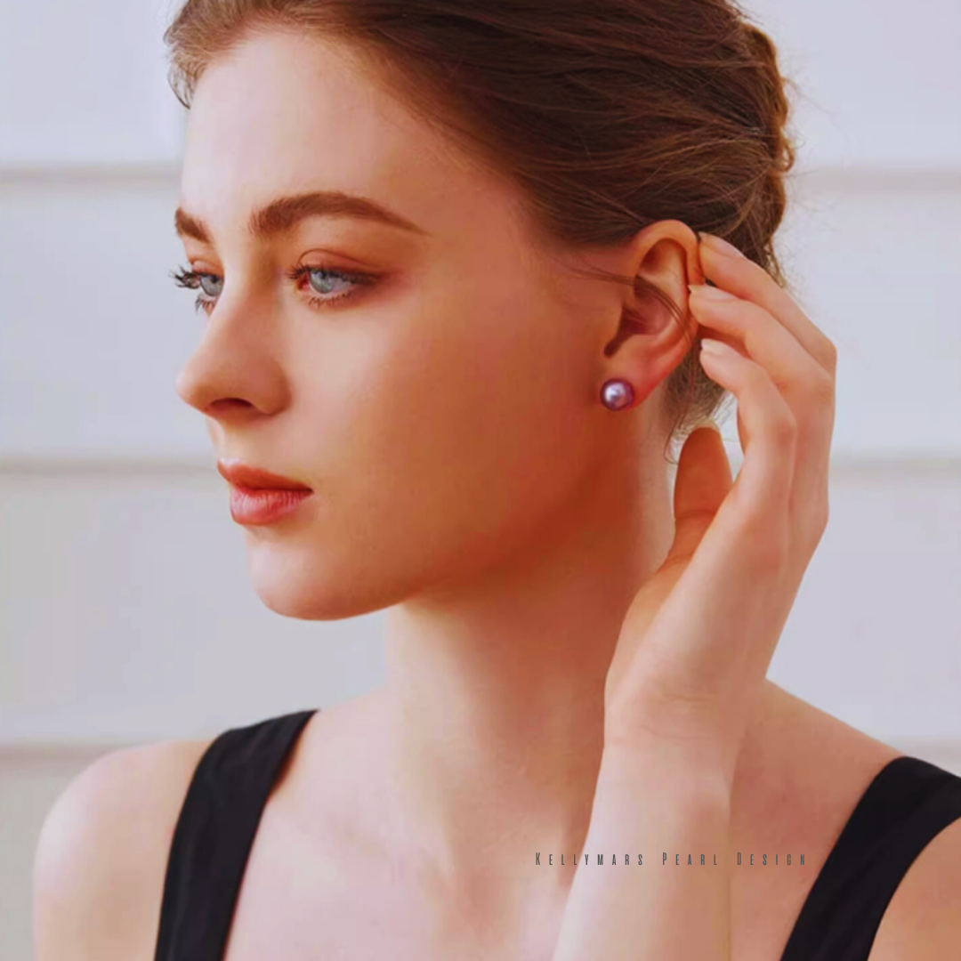Real purple Edison pearl stud earrings in 18K solid gold, unique pearl jewelry gifts for her with modern elegance.