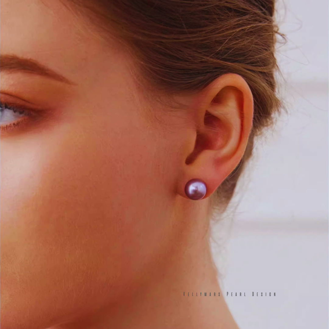 Real purple Edison pearl stud earrings in 18K solid gold, unique pearl jewelry gifts for her with modern elegance.