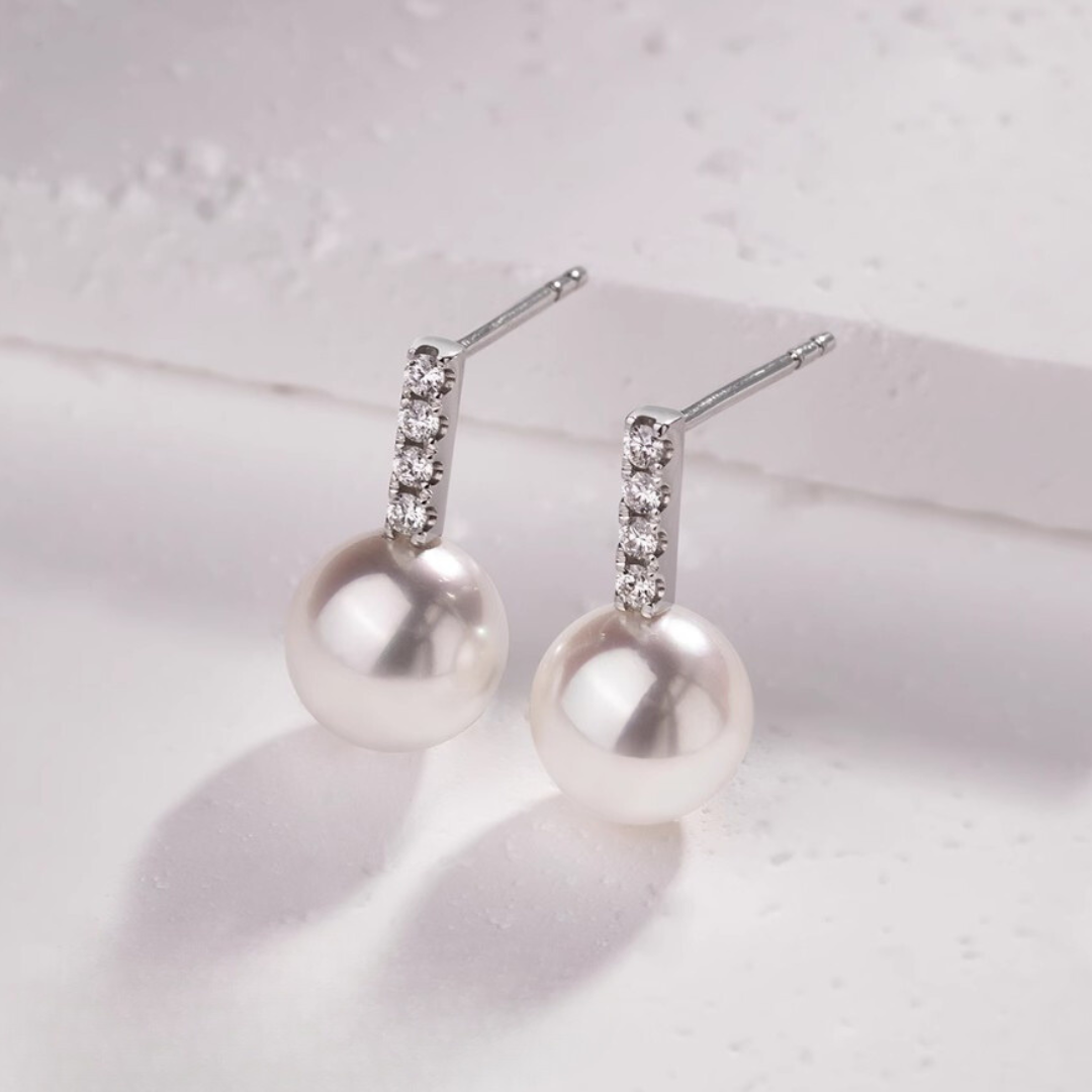 18K White Gold Akoya Pearl & Diamond Charlie Earrings - AAA Quality