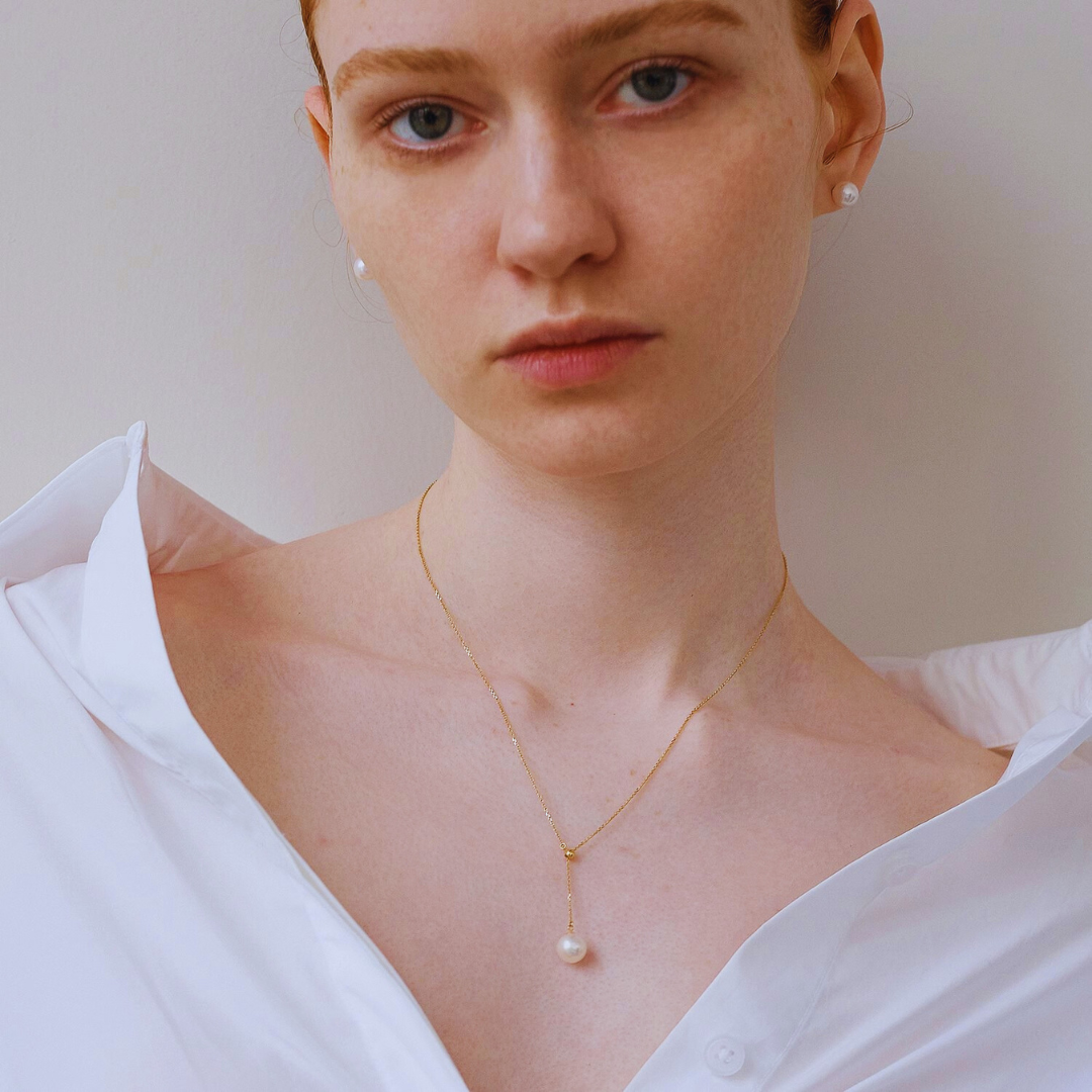 7mm-9.5mm 18K Solid Gold Janpanese Akoya Seawater Y Shaped Adjustable Pearl Pendant Necklace - AAA Quality