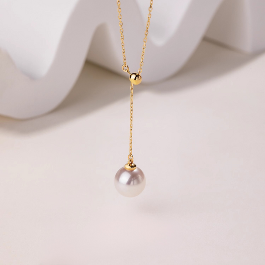 8mm-8.5mm 18K Solid Gold Janpanese Akoya Seawater Y Shaped Adjustable Pearl Pendant Necklace - AAA Quality