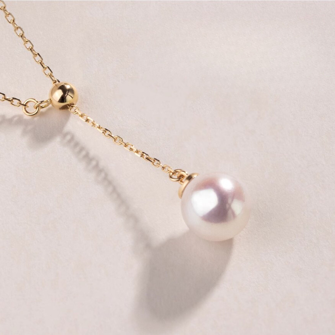7mm-9.5mm 18K Solid Gold Janpanese Akoya Seawater Y Shaped Adjustable Pearl Pendant Necklace - AAA Quality