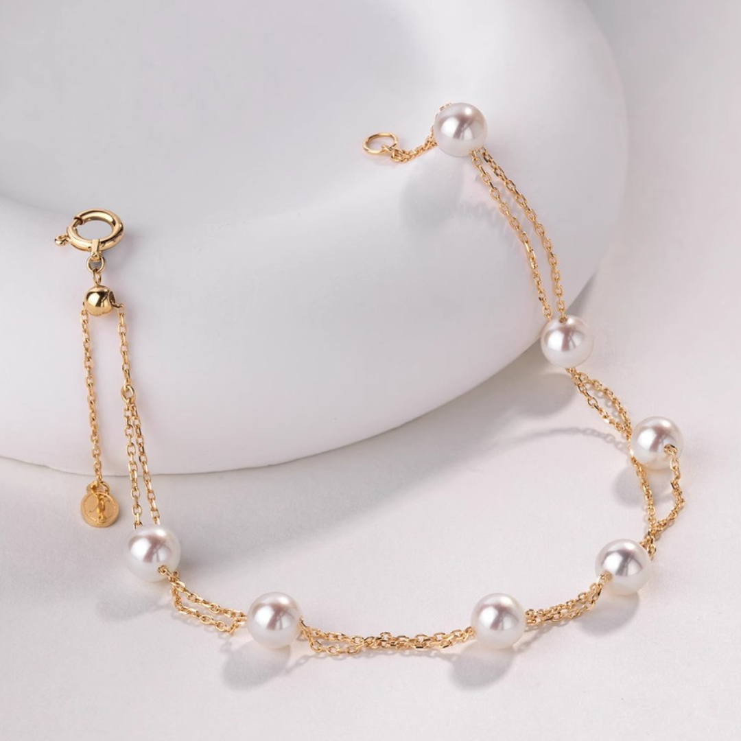 18K Gold Janpanese Akoya Pearl Tincup Bracelet - AAA Quality