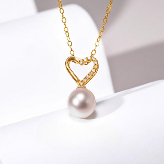 18K Gold Japanese Akoya Pearl Heart Pendant - AAA Quality