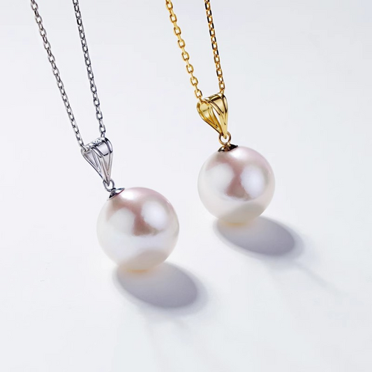 9mm-9.5mm 18K Solid White Gold Natural White Edison Freshwater Pearl Pendant - AAA Quality
