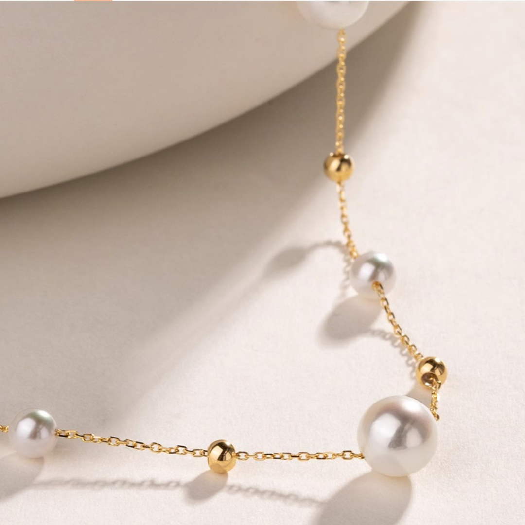 18K Gold Japanese Akoya Pearl Tincup Necklace - AAA Quality