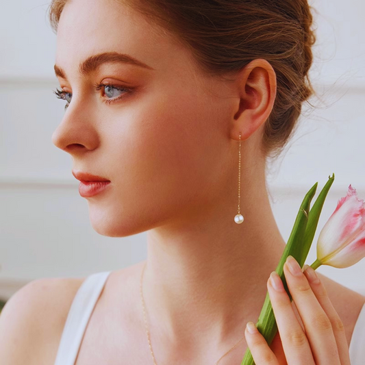 6mm-6.5mm 18K Solid Gold Janpanese Akoya Seawater Dangling Long Earrings - AAA Quality