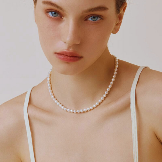 5mm-5.5mm 18K Solid Gold Minimalist Rice Pearl Necklace Choker - AAA Quality