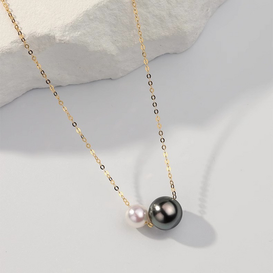 5mm-9.5mm 18K Gold Minimalist Tahitian & Akoya Pearl Statement Necklace - AAA Quality