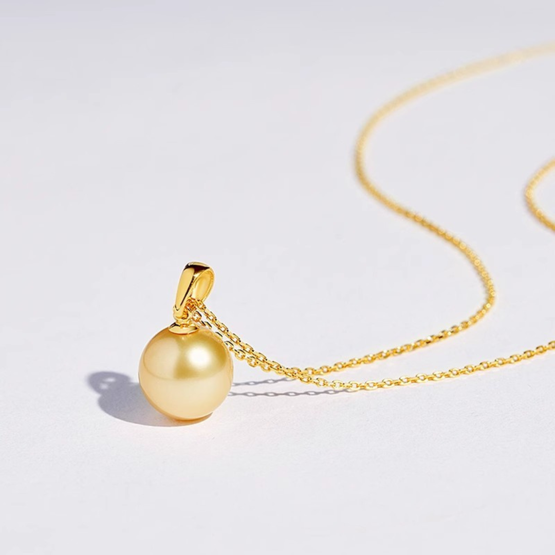 10mm-10.5mm 18K Gold South Sea Golden Pearl Solitaire Pendant Necklace - AAA Quality