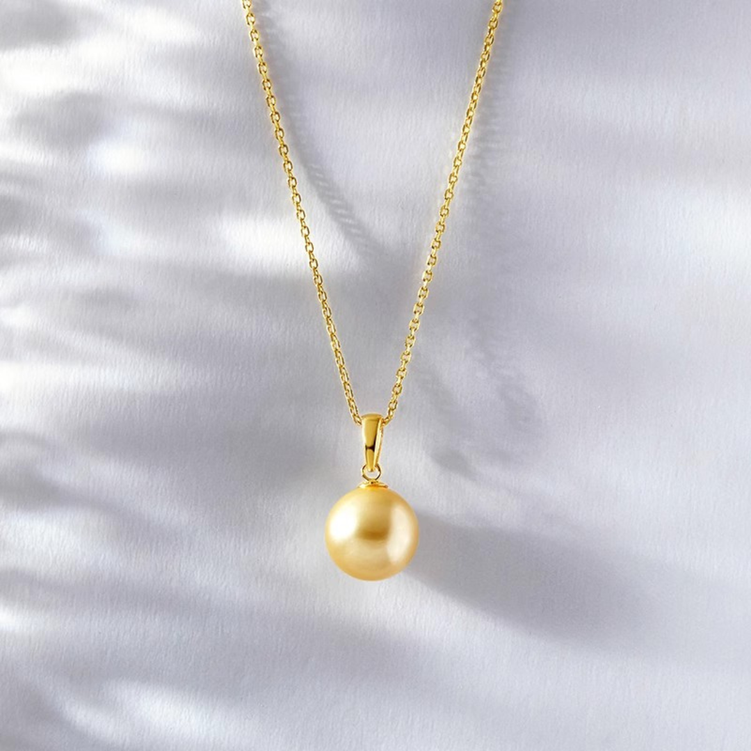 10mm-10.5mm 18K Gold South Sea Golden Pearl Solitaire Pendant Necklace - AAA Quality