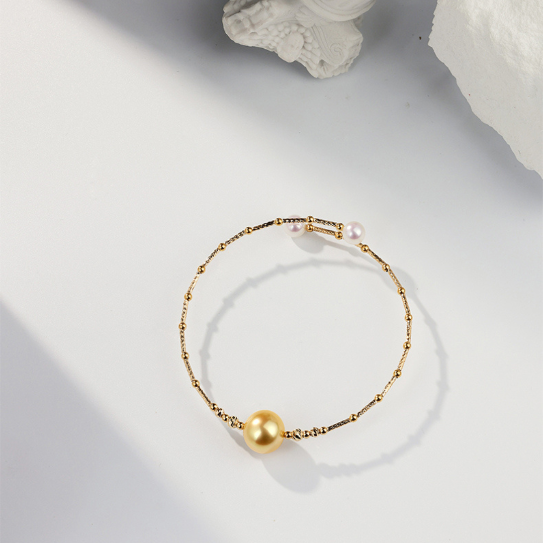 18K Gold South Sea & Akoya Pearl Open Adjustable Bracelet - AAA Quality