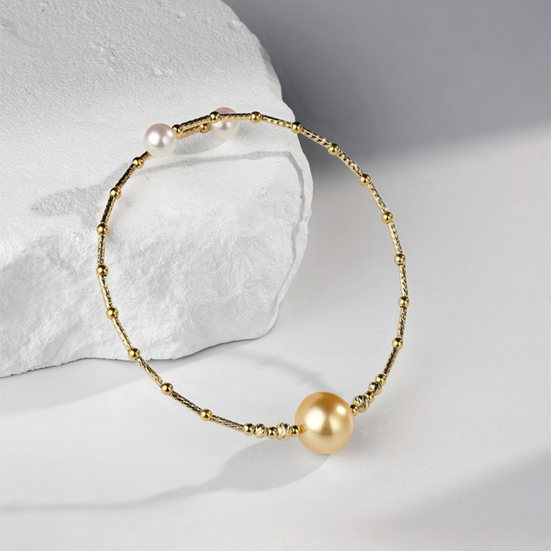 18K Gold South Sea & Akoya Pearl Open Adjustable Bracelet - AAA Quality