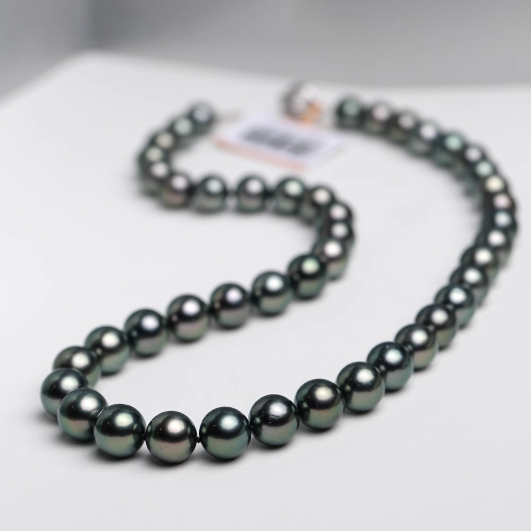9mm-9.5mm 18K Solid Gold Black Tahitian Pearl Necklace - AAA Quality