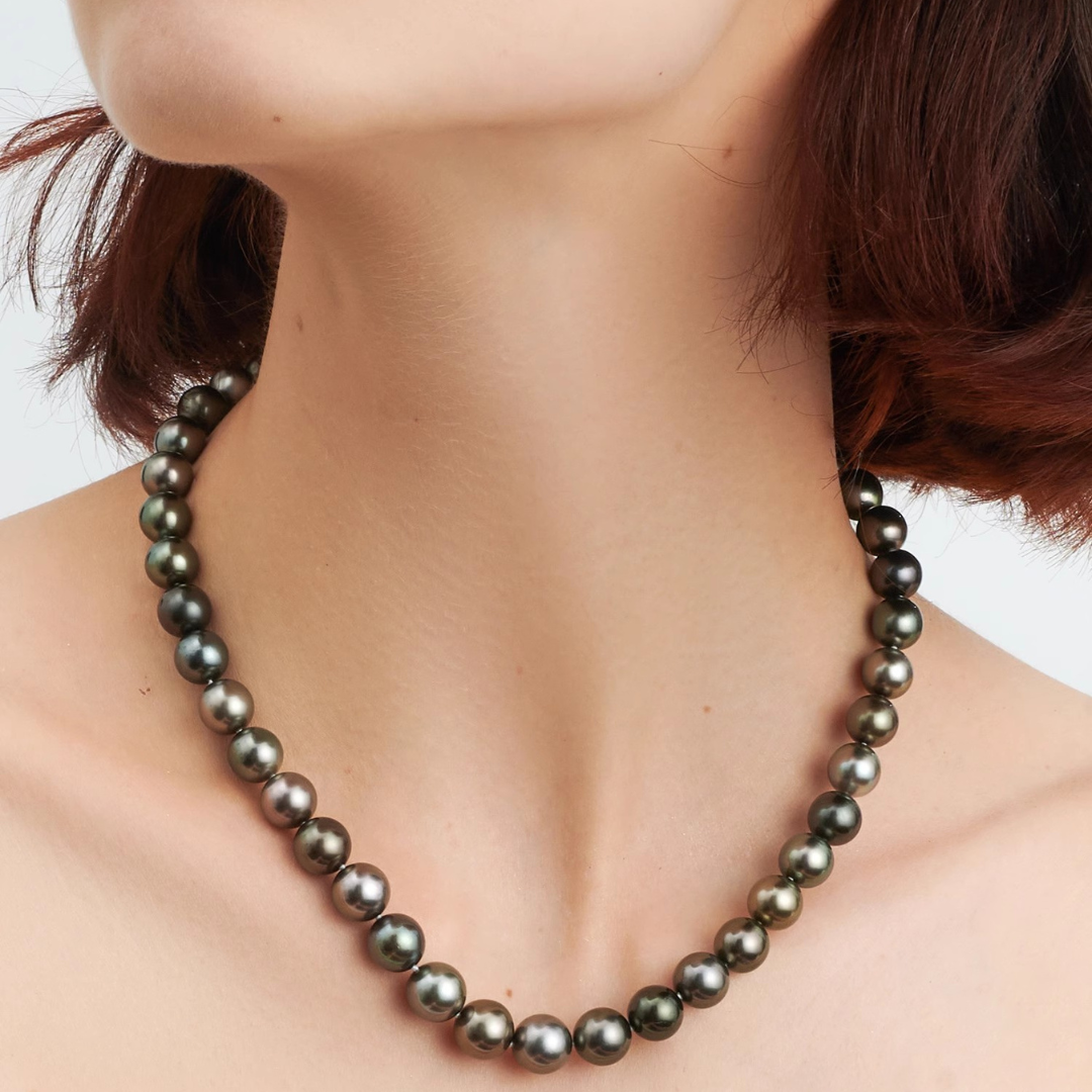 9mm-9.5mm 18K Solid Gold Black Tahitian Pearl Necklace - AAA Quality